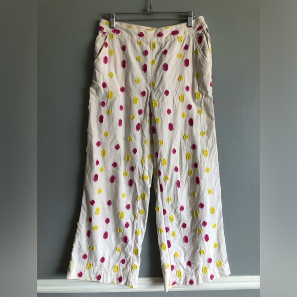 Anthro Pink & Yellow Clip Dot Cropped Wide Leg - Picture 2 of 8